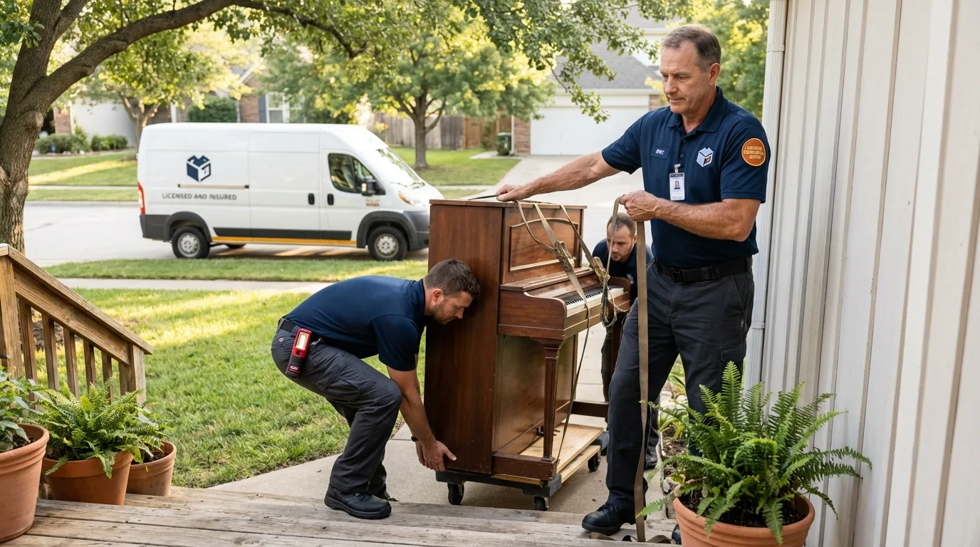 Licensed piano movers securing grand piano in Waterloo, NE