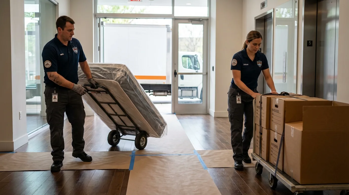 Professional apartment movers loading elevator in Waterloo, NE