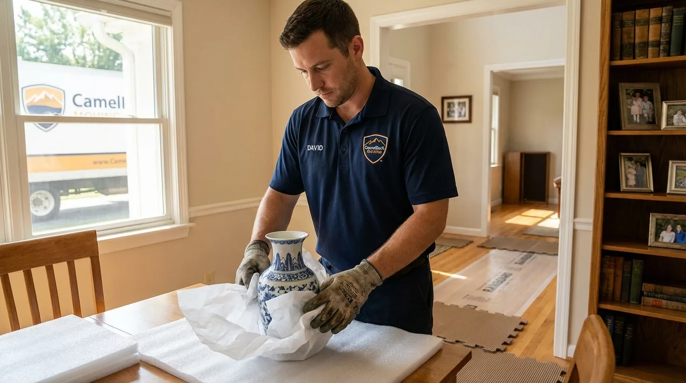 Professional crew carefully wrapping antique vase for senior downsizing move in Waterloo, NE